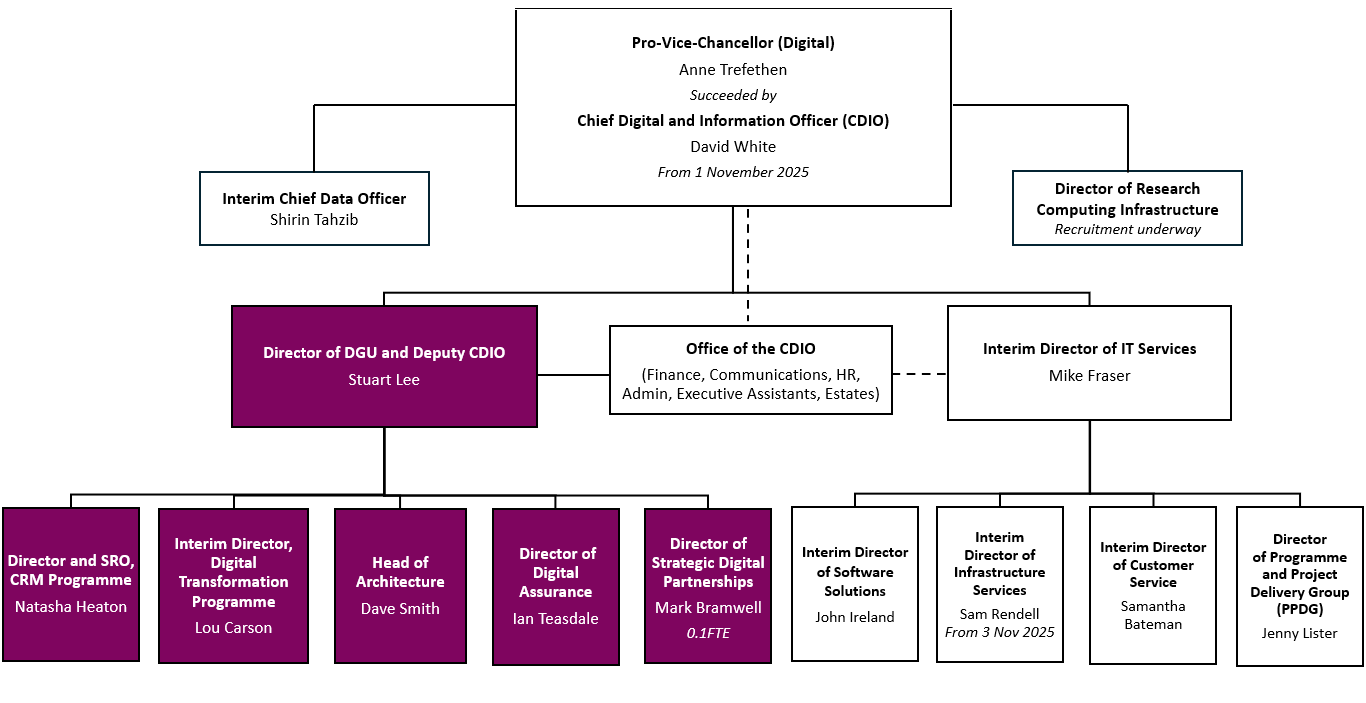 Organisational chart showing the structures of key roles that report to the Pro-Vice-Chancellor (Digital), Anne Trefethen, who steps down on 31 Dec 2025. Her role is replaced by Chief Digital & Information Officer (CDIO), David White from 1 Nov 2025.