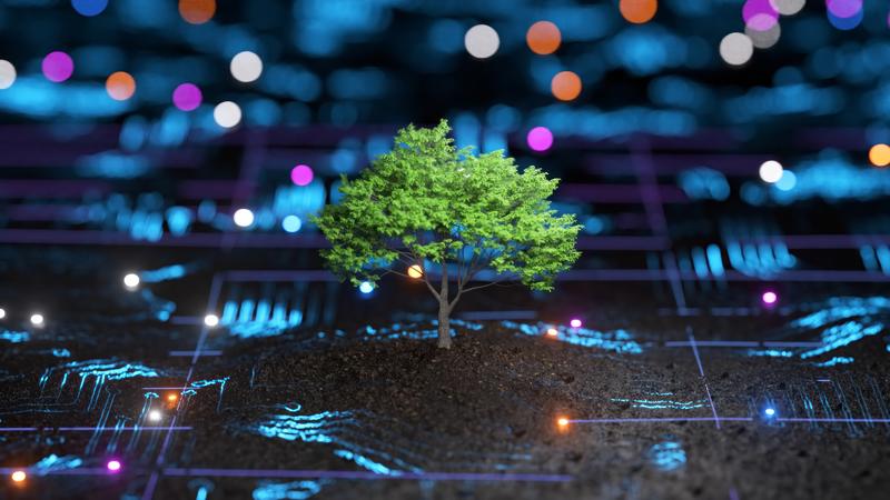 A lone tree stands amidst glowing digital lines on a dark surface symbolizing nature meets technology A lone tree stands amidst glowing digital lines on a dark surface symbolizing nature meets technology