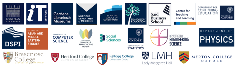 An image showing logos for Bodleian Libraries, IT Services, Gardens, Libraries and Museums, Nuffield Department of Medicine, Department of Education, Said Business School, Centre for Teaching and Learning, Department of Continuing Education, Department of